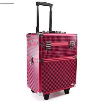Maleta profissional c/ 2 andares 2 rodinhas - Xadrez Pink